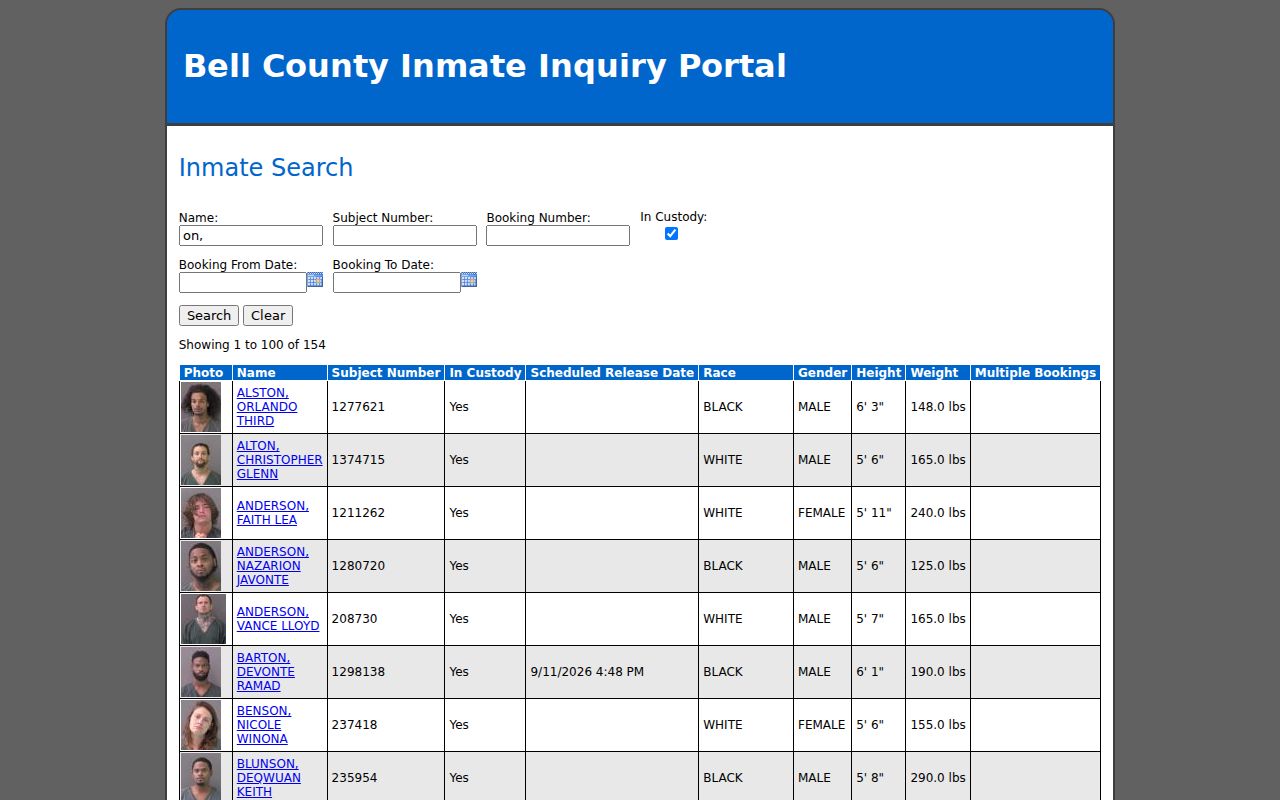 Belton resident lookup Bell County custody inquiry